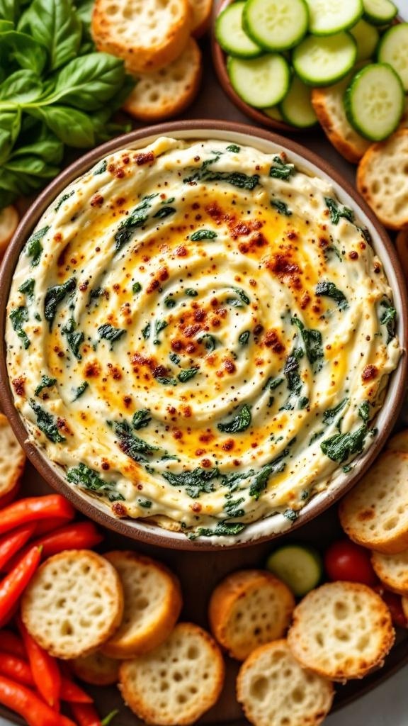 A delicious hot spinach and artichoke dip served with toasted bread and fresh vegetables.