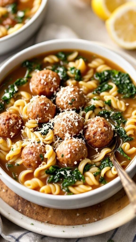A bowl of Italian Wedding Soup with meatballs, spinach, and lemon.
