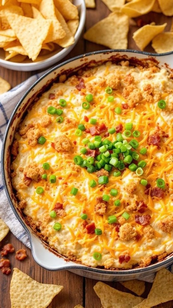 A creamy jalapeño popper dip topped with cheese, bacon, and green onions, served with tortilla chips.