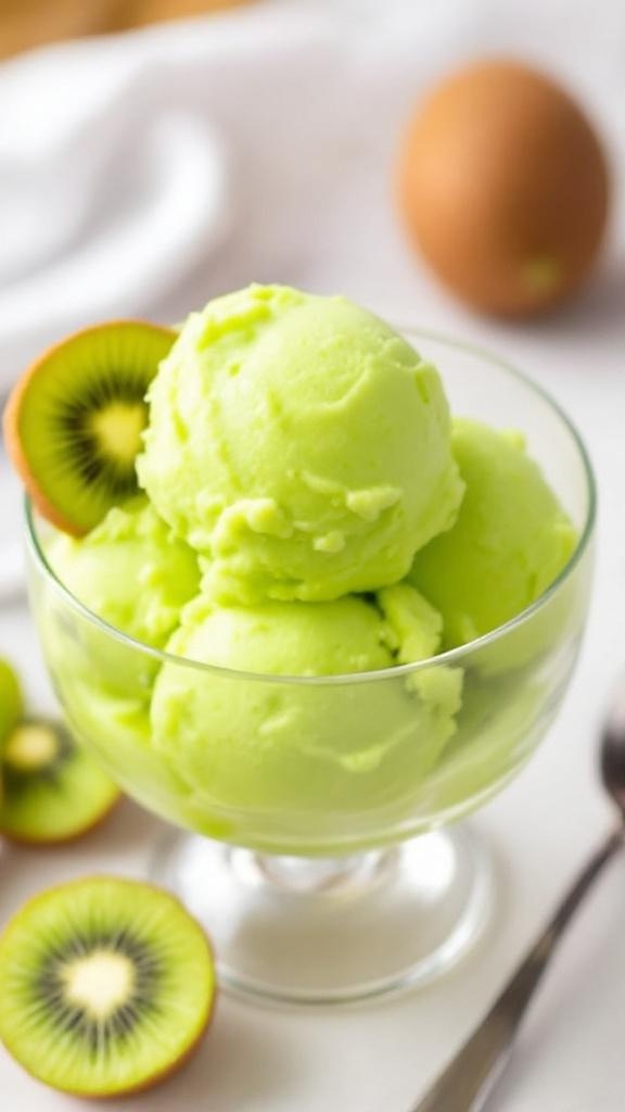 A vibrant green kiwi lime sorbet served in a glass bowl, garnished with a slice of lime and surrounded by fresh kiwi slices.