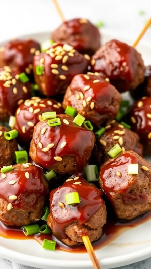 A plate of Korean BBQ meatballs garnished with sesame seeds and green onions.