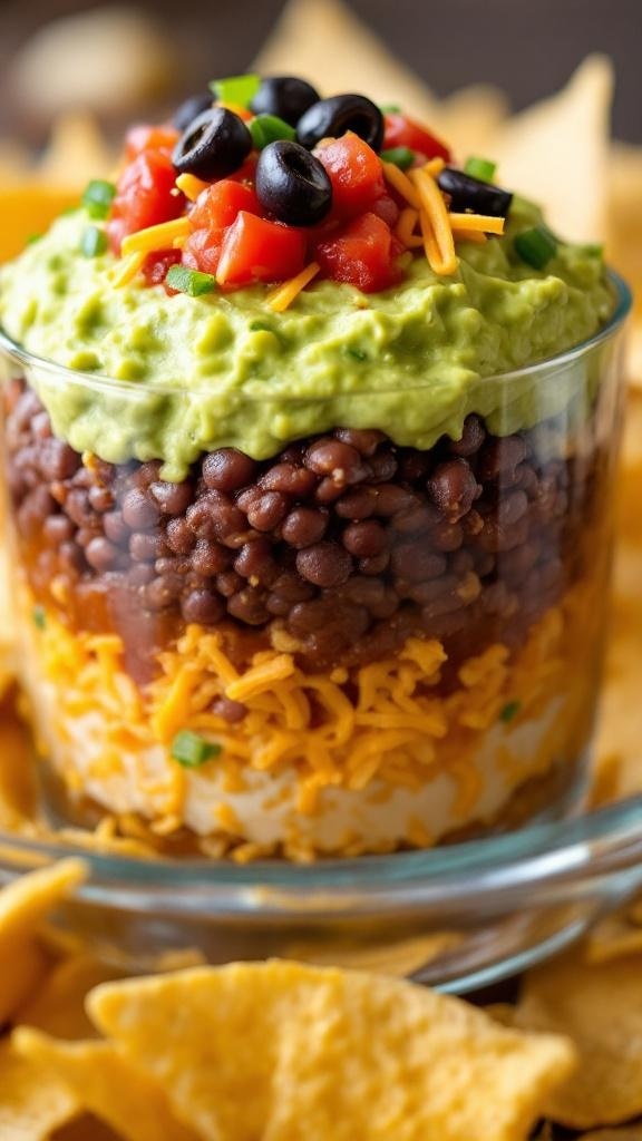 A delicious layer dip served in a glass dish with tortilla chips on the side.