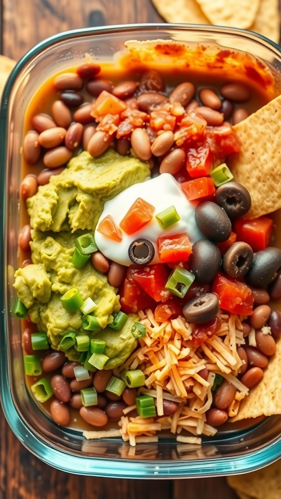 A colorful layer dip with beans, guacamole, sour cream, salsa, cheese, and toppings, served with tortilla chips.