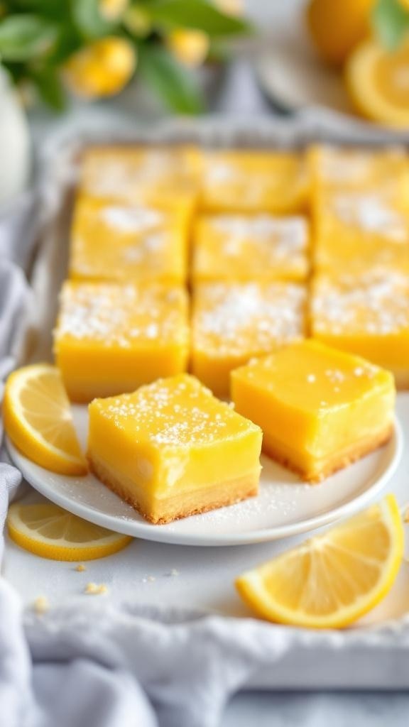 Lemon bars on a plate with lemon slices