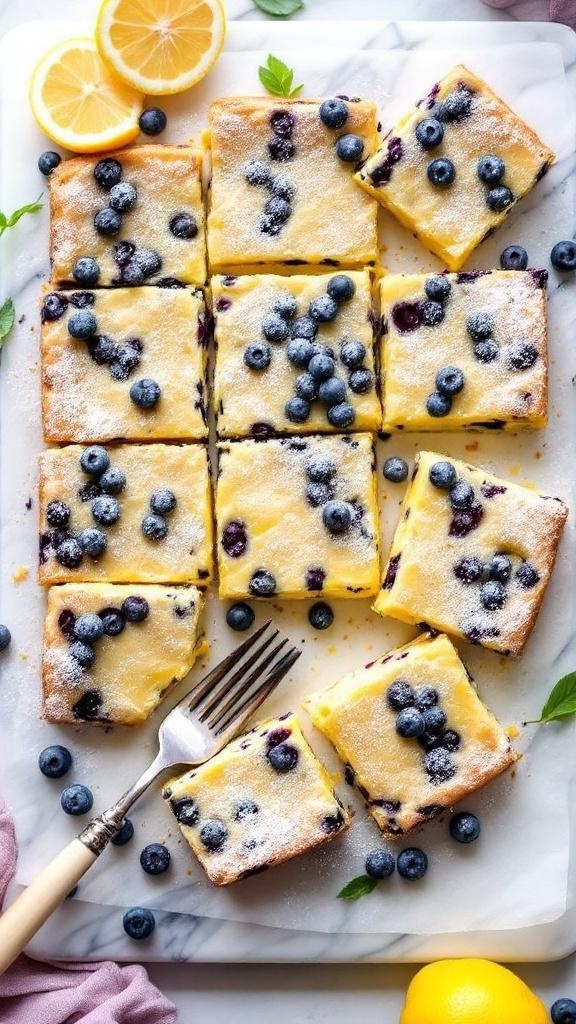 Lemon blueberry bars topped with fresh blueberries and a slice of lemon