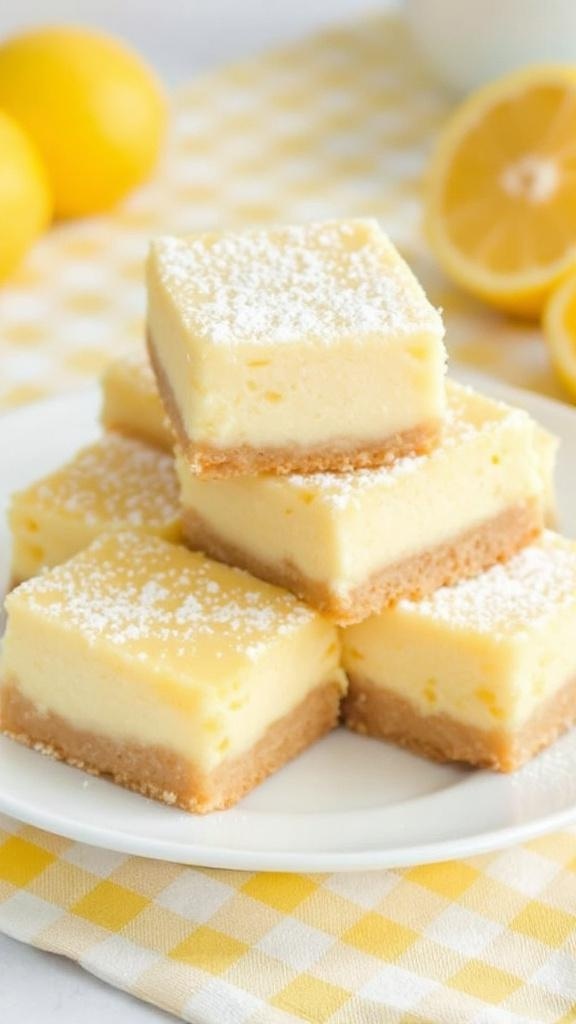 A plate of lemon cheesecake bars dusted with powdered sugar, arranged neatly.