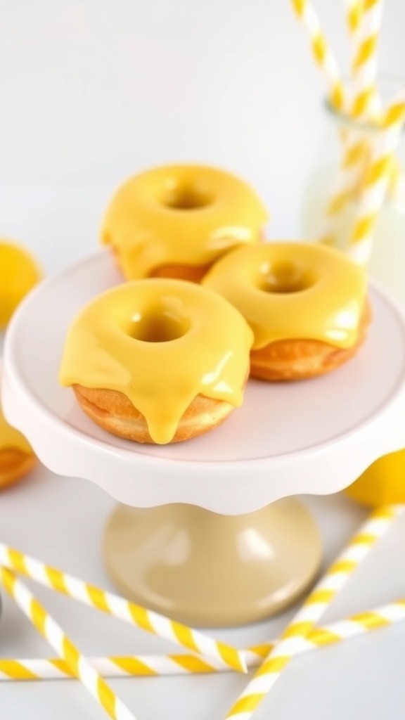 A plate of lemon glazed donuts with a bright yellow icing.