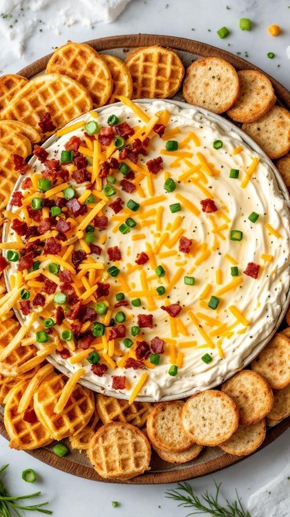 A delicious Loaded Baked Potato Dip served with waffle chips and crackers.