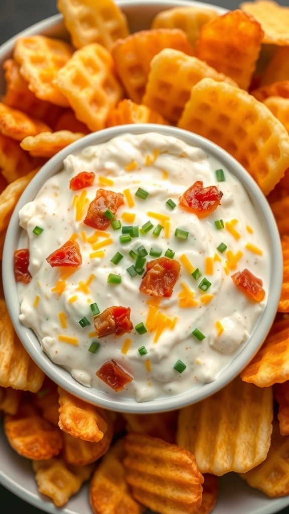 A bowl of loaded baked potato dip surrounded by waffle fries.