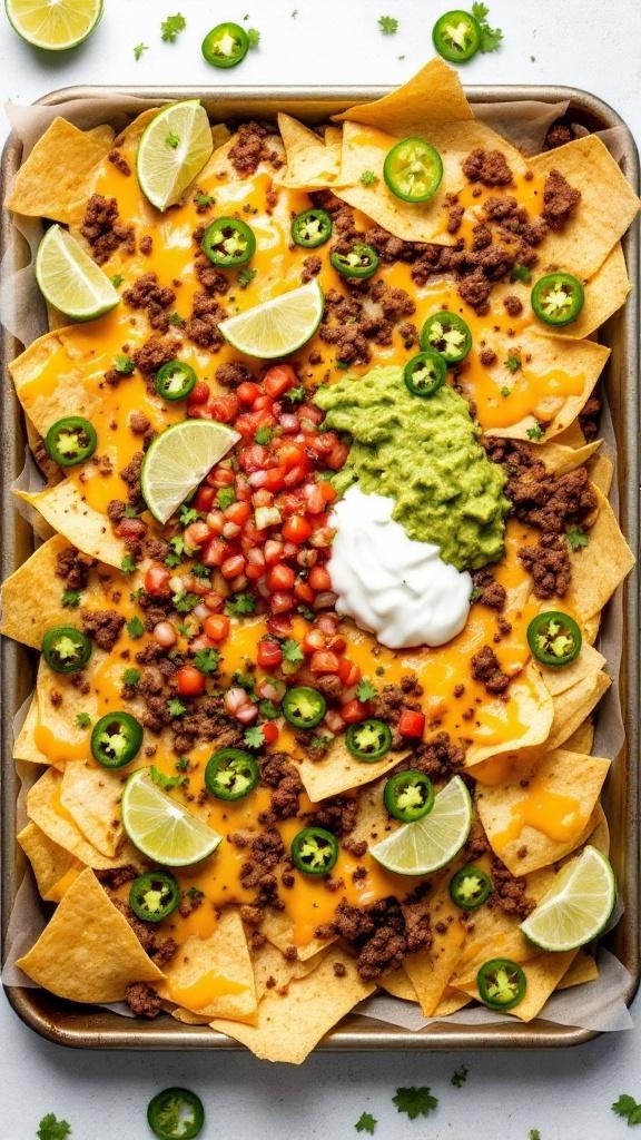 A tray of loaded nachos topped with cheese, beef, tomatoes, jalapeños, and sour cream.