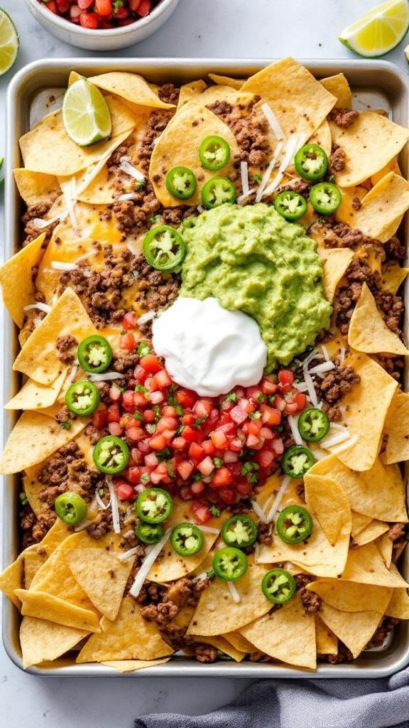 A tray of loaded nachos topped with ground beef, cheese, jalapeños, tomatoes, sour cream, and guacamole.