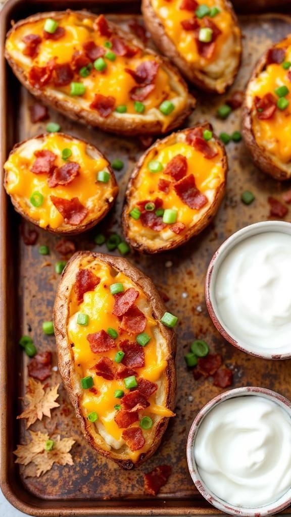 Loaded potato skins topped with cheese, bacon, and green onions, served with sour cream.