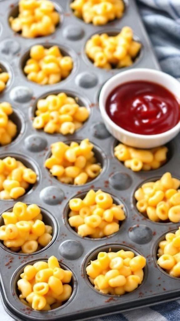 A tray of macaroni and cheese bites in muffin tins, served with ketchup and snacks.
