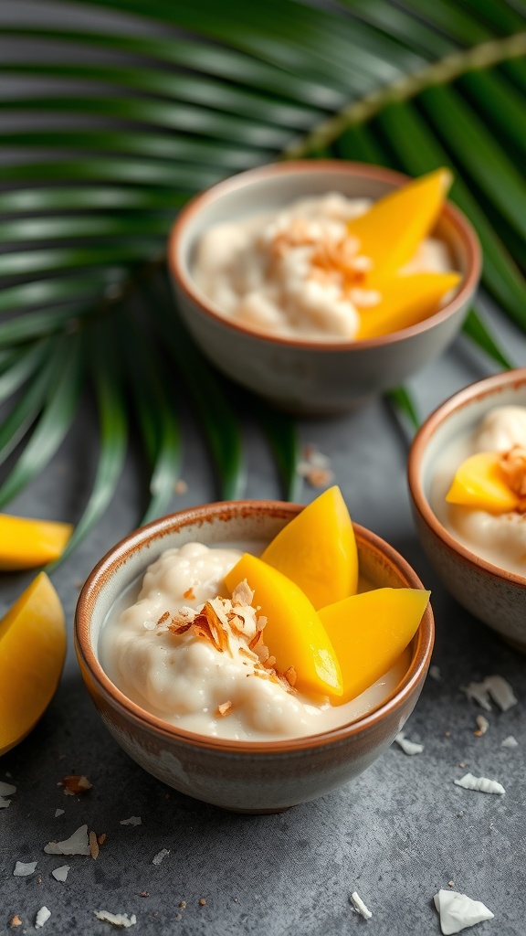 Mango Coconut Rice Pudding served in bowls with mango slices and toasted coconut flakes