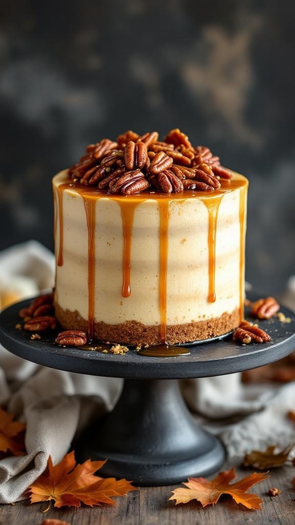 A delicious Maple Pecan Cheesecake topped with pecans and caramel sauce, surrounded by autumn leaves.