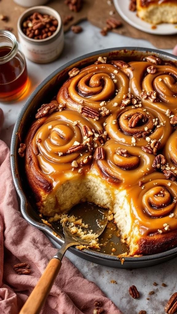 Delicious maple pecan sticky buns in a baking dish with a serving taken out