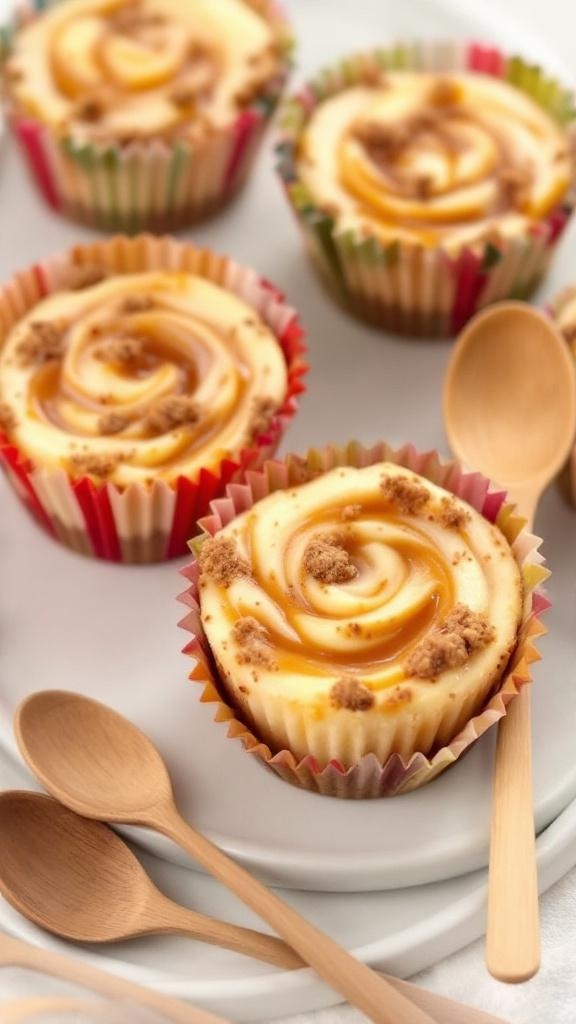 Mini apple butter cheesecakes on a white plate with wooden spoons
