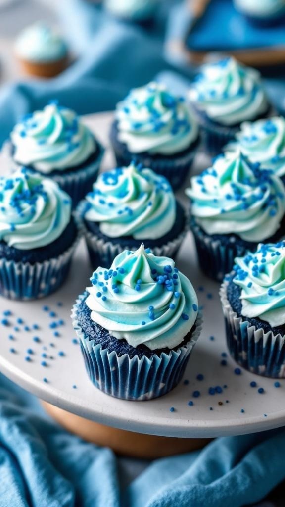 Mini blue velvet cupcakes with cream cheese frosting and blue sprinkles on a white cake stand.