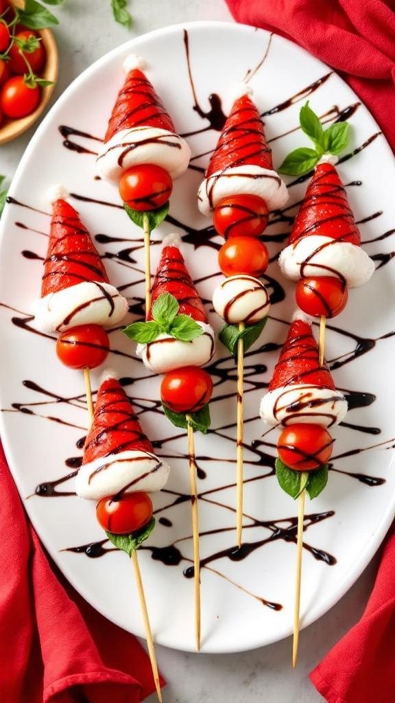 Mini Caprese Santa Hats made with cherry tomatoes, mozzarella balls, basil, and prosciutto on skewers.
