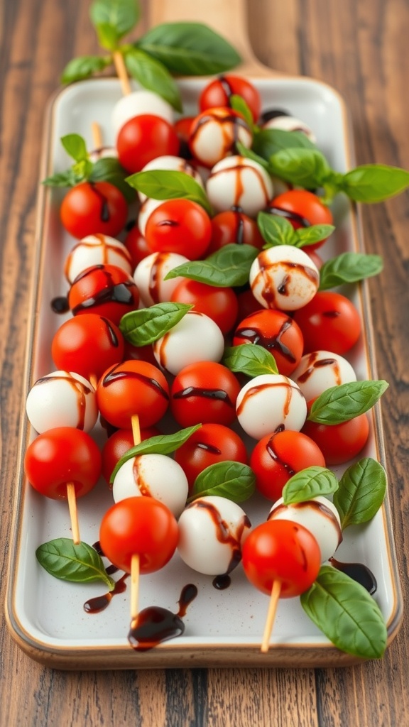 Mini Caprese Skewers with cherry tomatoes, mozzarella balls, and basil leaves drizzled with balsamic glaze.