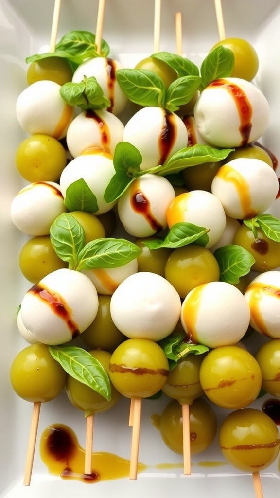 Mini Caprese skewers with mozzarella, basil, and cherry tomatoes drizzled with balsamic glaze.