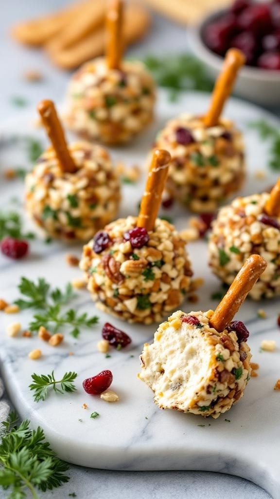 Mini cheese balls coated in pecans and cranberries with pretzel sticks