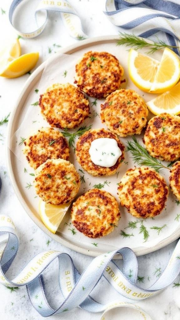 A plate of mini crab cakes garnished with dill and lemon wedges.