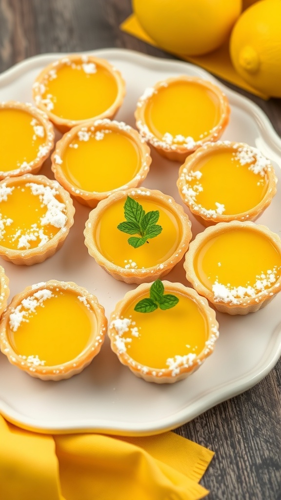 A plate of mini lemon tarts topped with powdered sugar and mint leaves, surrounded by fresh lemons.