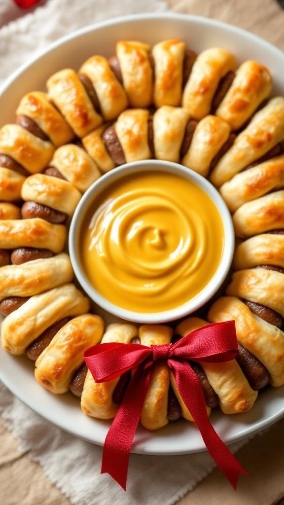 A festive mini sausage wreath with a mustard dip in the center, decorated with a red ribbon.