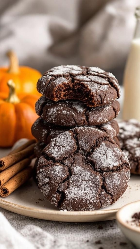 A stack of molasses crinkle cookies with a bite taken out, surrounded by cinnamon sticks and pumpkins.