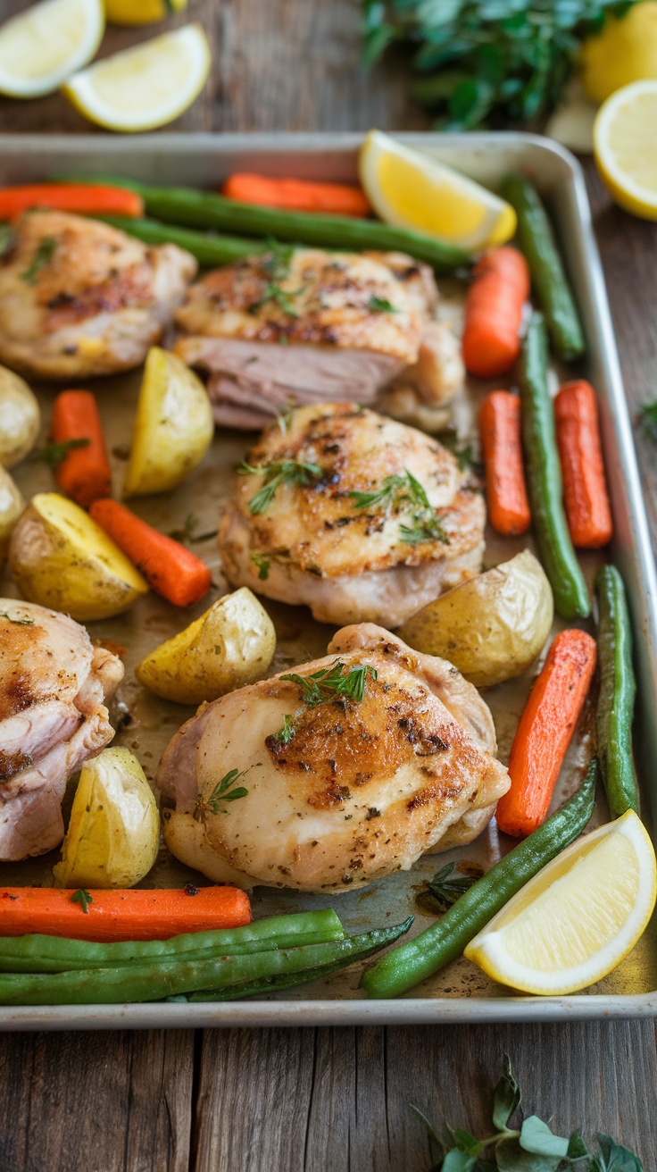 One-Pan Lemon Garlic Chicken with assorted vegetables and lemon slices