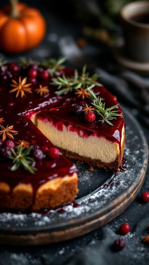 A delicious mulled wine cheesecake topped with a spiced berry glaze, garnished with star anise and fresh berries.