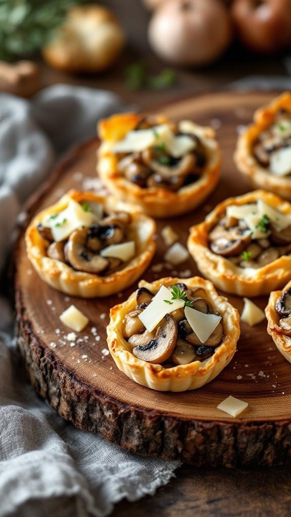 A close-up of mushroom tartlets on a wooden platter, garnished with cheese and herbs.