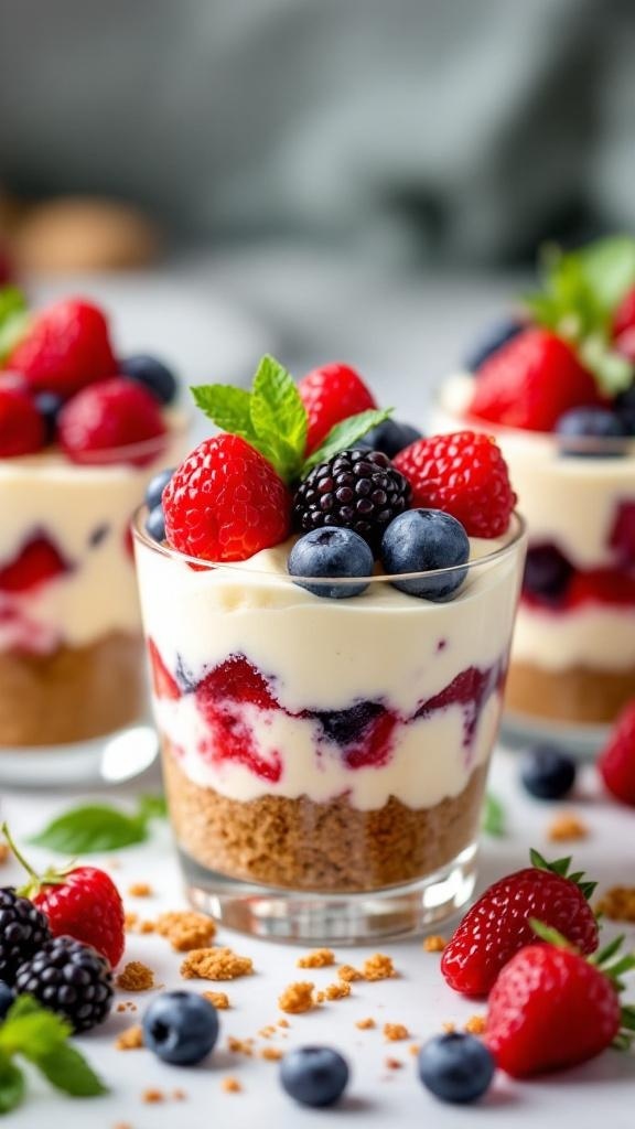 No-bake cheesecake cups topped with fresh berries and mint leaves