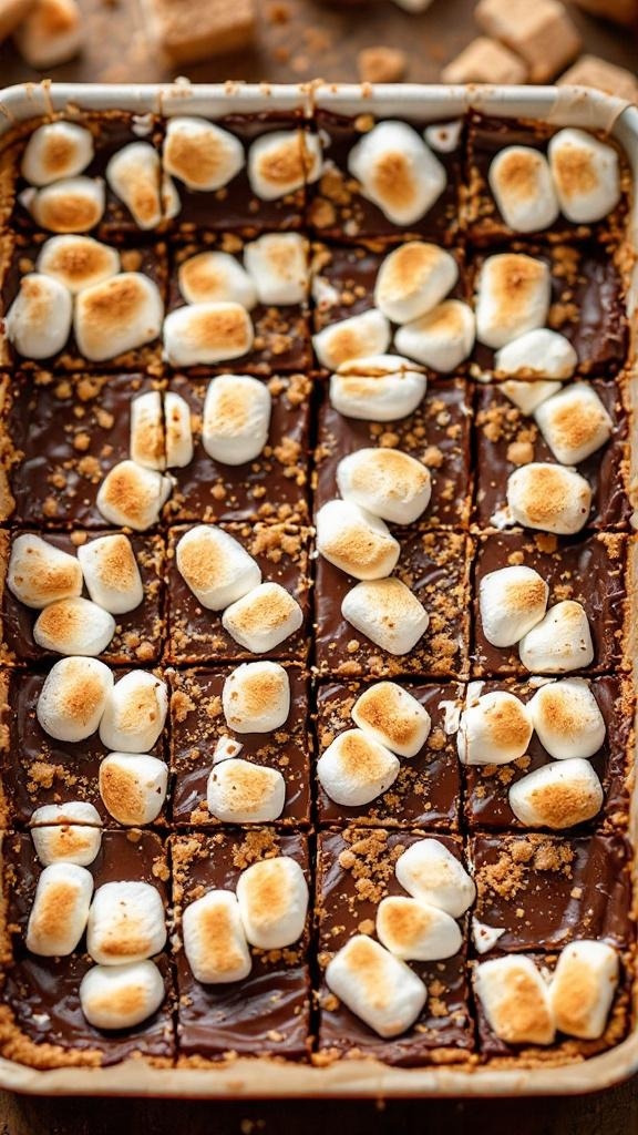 Delicious no-bake s'mores bars topped with toasted marshmallows and graham cracker crumbs