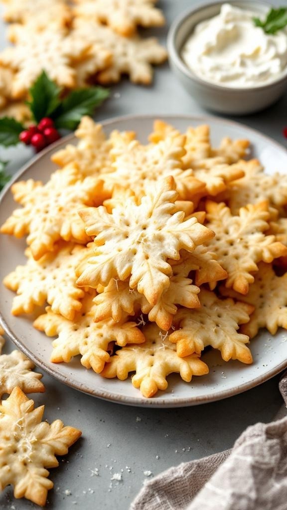 Plate of snowflake-shaped Parmesan Garlic Crackers with a bowl of dip