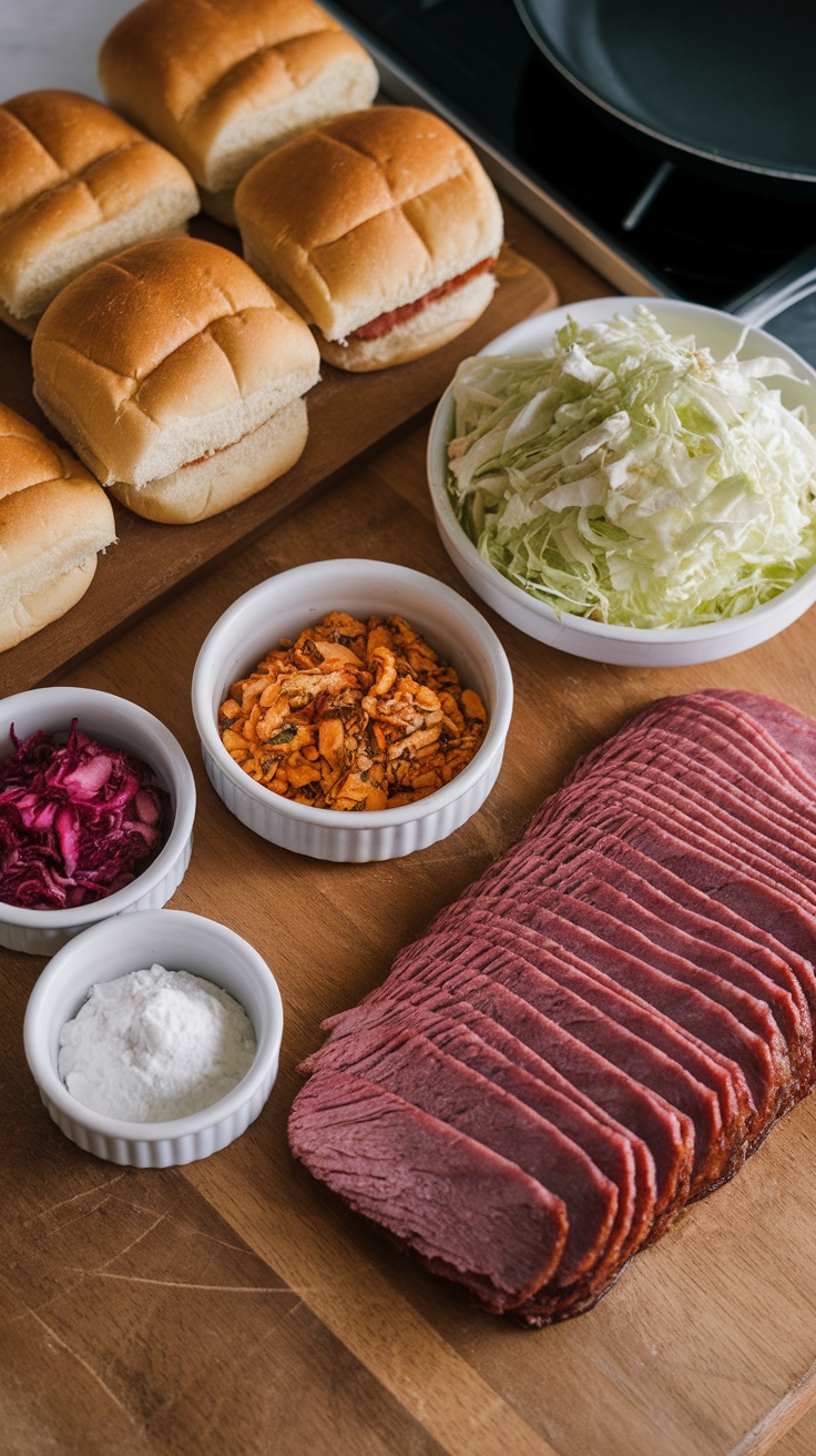 Ingredients for pastrami slaw sliders including pastrami, cabbage, mayonnaise, and slider buns.