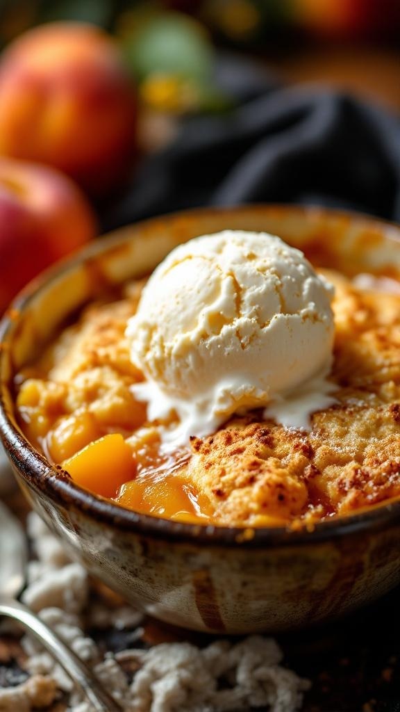 A bowl of peach cobbler topped with a scoop of vanilla ice cream.