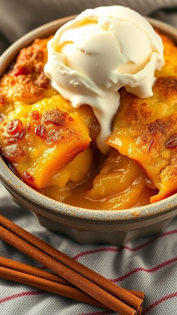 A bowl of peach cobbler topped with vanilla ice cream, served with cinnamon sticks.