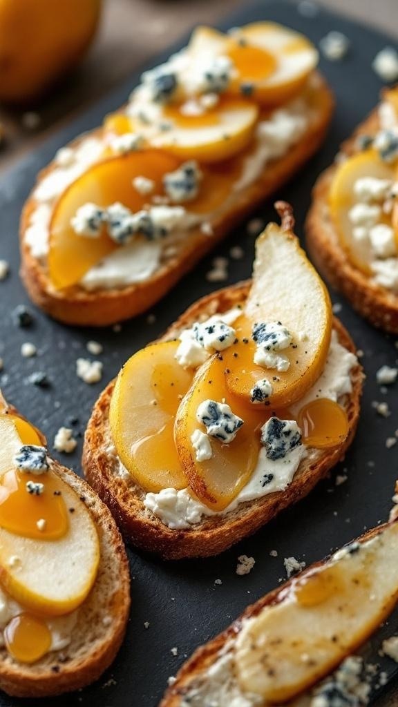 Delicious pear and blue cheese crostini topped with honey on toasted baguette slices.