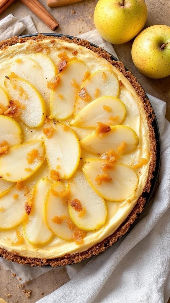 A delicious pear and ginger cheesecake topped with sliced pears and cinnamon sticks, surrounded by fresh pears.