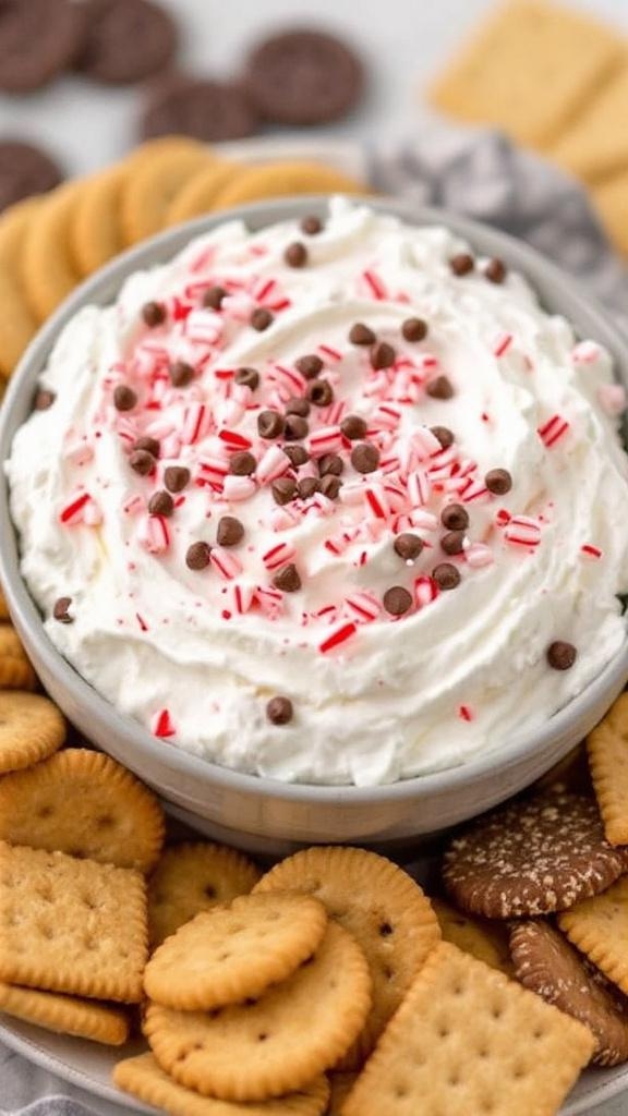 A bowl of peppermint chocolate dessert dip surrounded by various crackers.