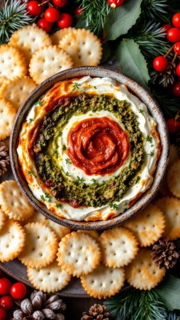 A layered dip featuring cream cheese, pesto, and marinara sauce, surrounded by crackers.