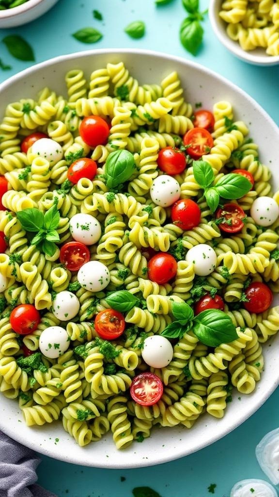 A colorful bowl of pesto pasta salad with cherry tomatoes and mozzarella balls