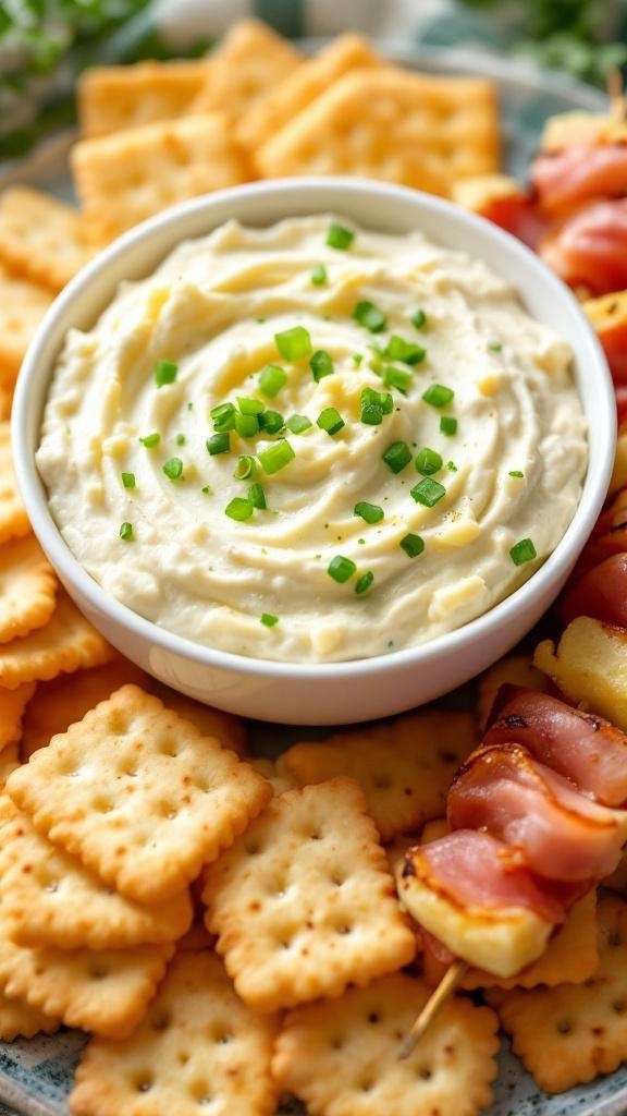 A bowl of pineapple cream cheese dip topped with green onions, surrounded by crackers and rolled deli meat.
