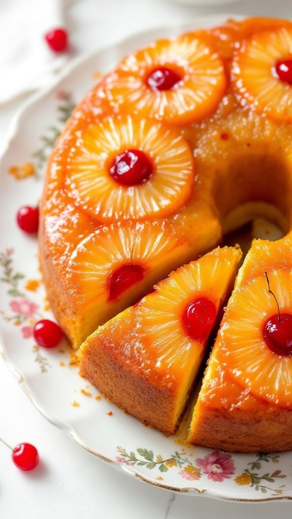 A delicious Pineapple Upside-Down Cake topped with pineapple slices and cherries.