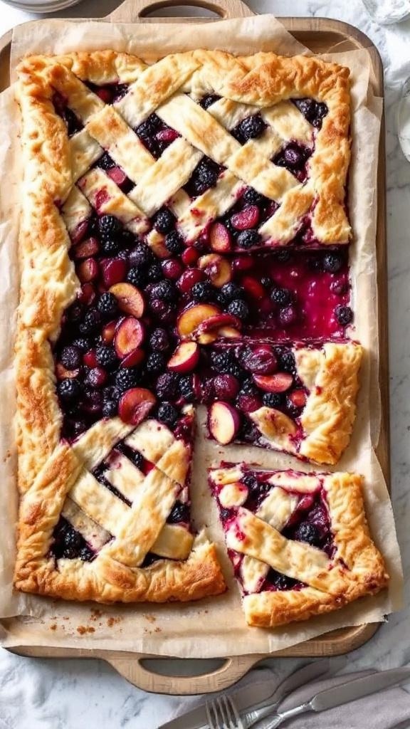 A delicious plum and blackberry slab pie with a golden lattice crust.