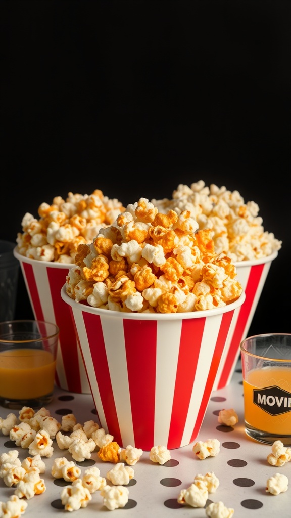 Three bowls of flavored popcorn for a girls' night snack.