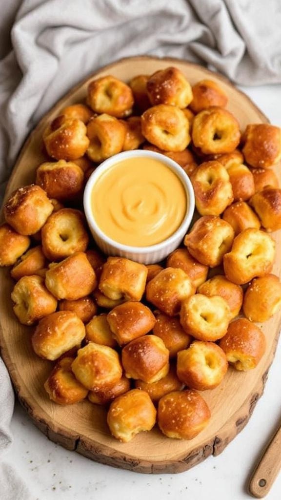 A platter of pretzel bites with beer cheese dip in bowls