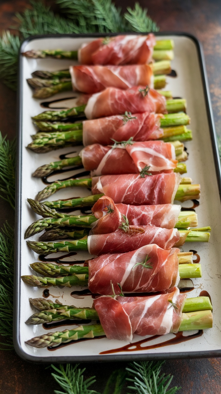 A plate of prosciutto-wrapped asparagus arranged neatly, garnished with herbs.